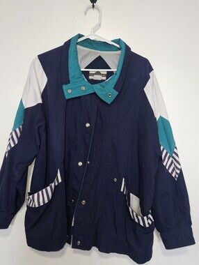 Vintage 90s Navy Windbreaker Jacket with Teal Collar and White Accents